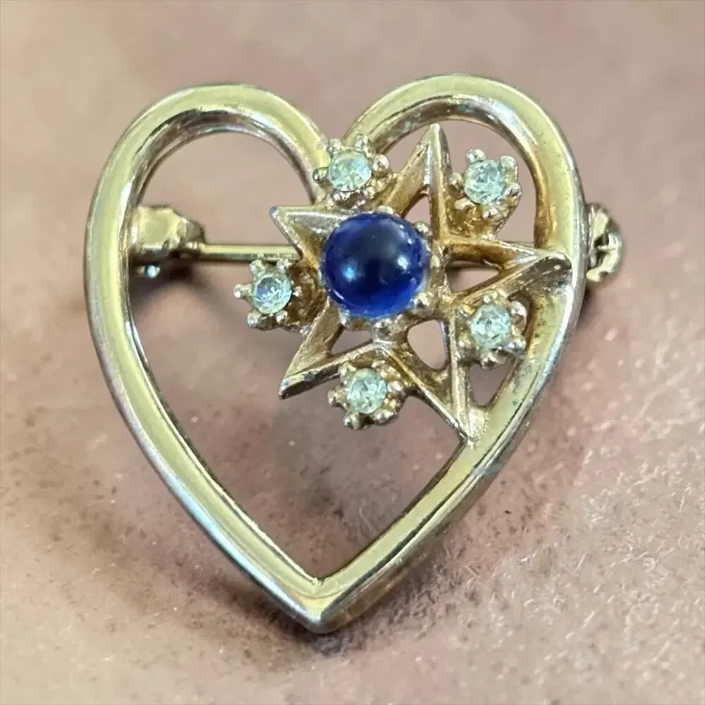 Vintage Gold Heart Starburst Brooch Blue Lapis Cabochon Rhinestone Celestial Pin
